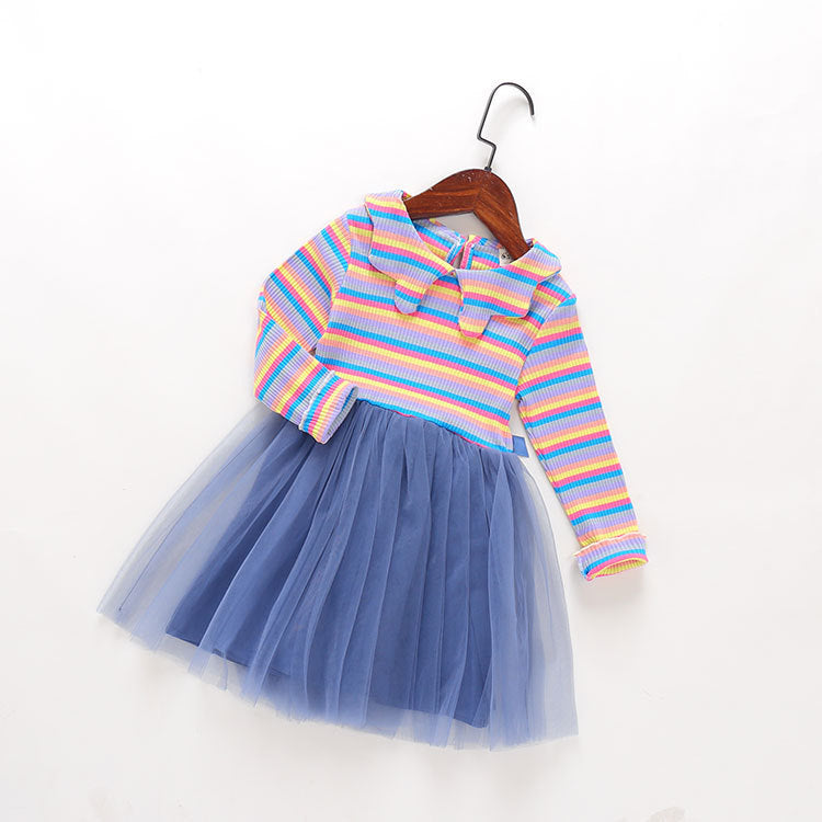 Girls’ Long Sleeve Stripe Dress with Lace - Blue / 100cm - kids modest dress