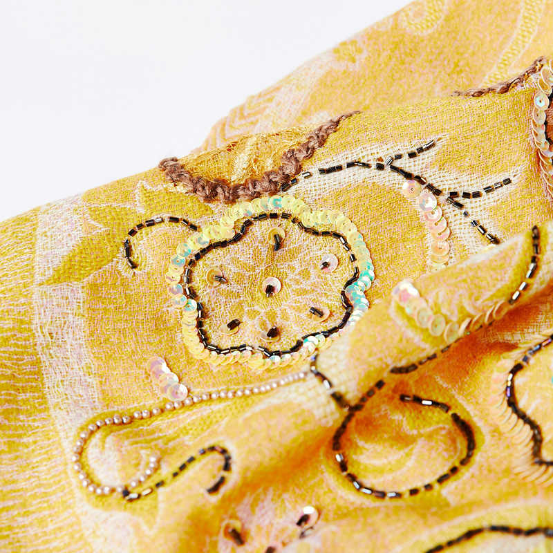 Handmade Beaded Embroidery Wool Shawl - Bright Yellow / 70×190cm