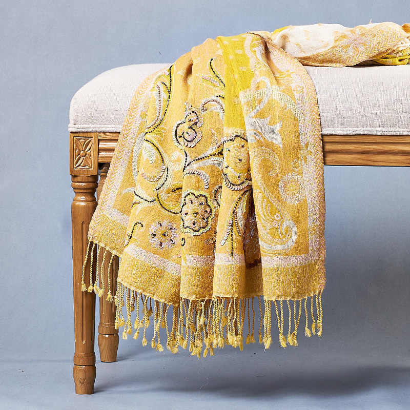 Handmade Beaded Embroidery Wool Shawl - Bright Yellow / 70×190cm