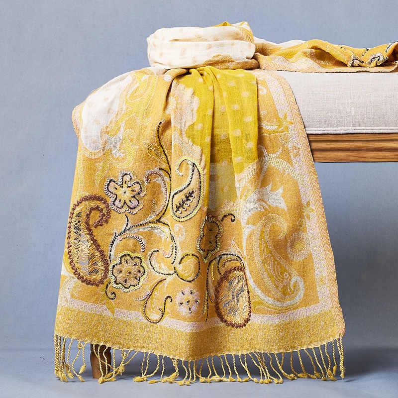 Handmade Beaded Embroidery Wool Shawl - Bright Yellow / 70×190cm