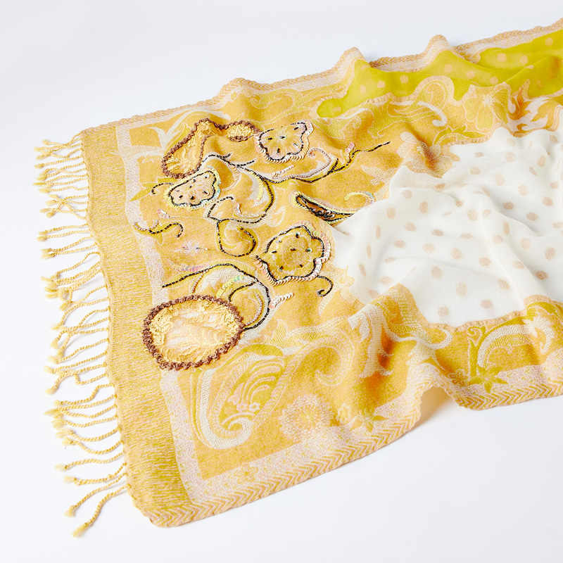 Handmade Beaded Embroidery Wool Shawl - Bright Yellow / 70×190cm