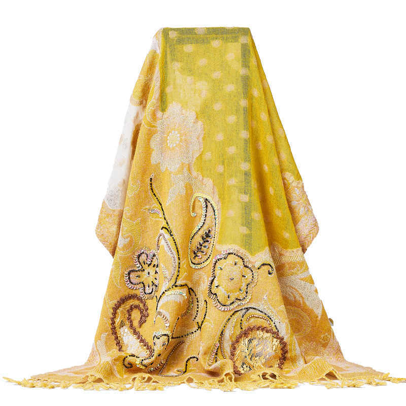 Handmade Beaded Embroidery Wool Shawl - Bright Yellow / 70×190cm