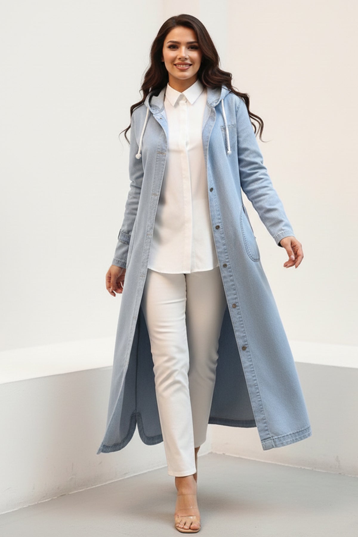 Hooded Button-down Sport Denim Jacket | Blue – NEOMODEST product image 1