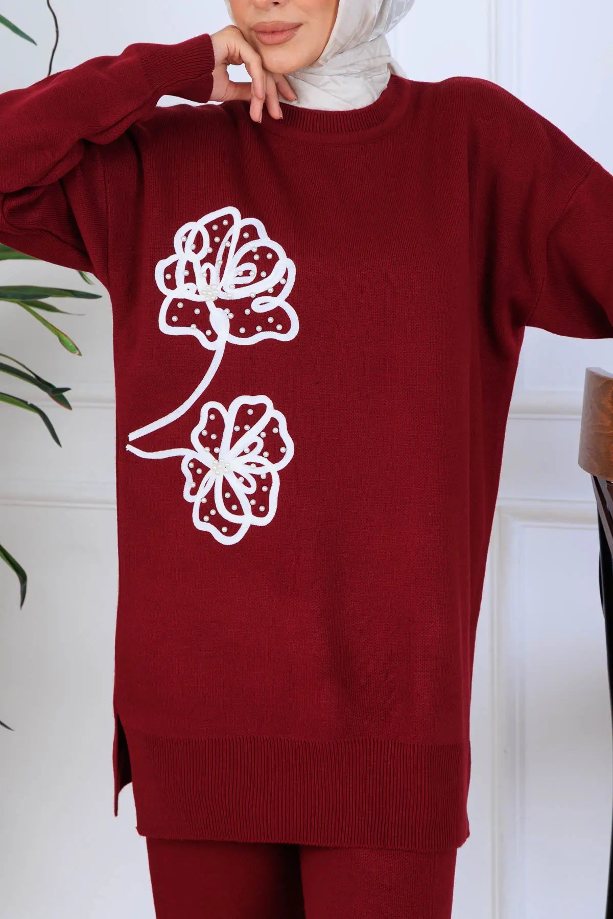Knitwear Set With Embroidery Details | Claret Red – NEOMODEST, image 3