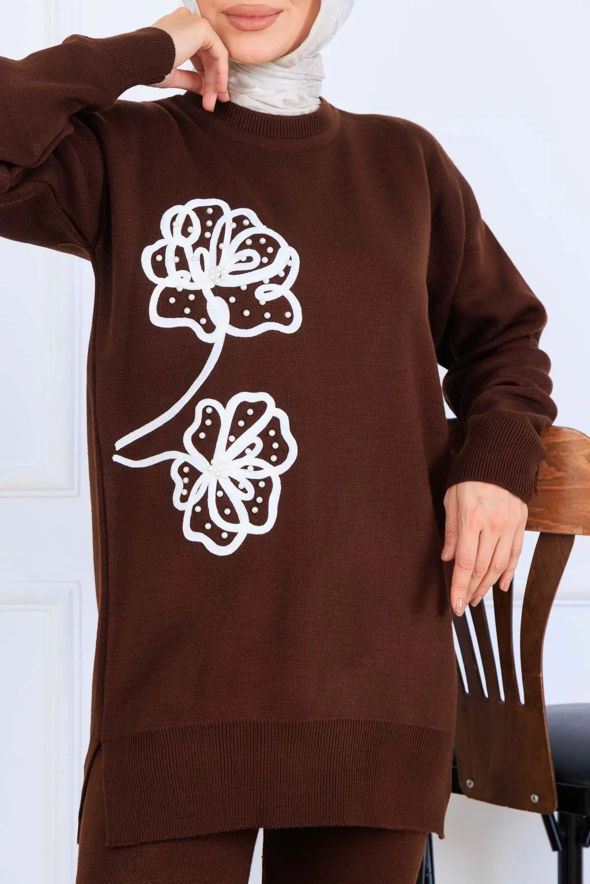 Knitwear Set With Embroidery Details | Brown – NEOMODEST, image 2