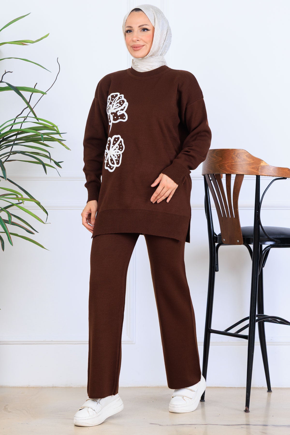 Knitwear Set With Embroidery Details | Brown – NEOMODEST, image 1