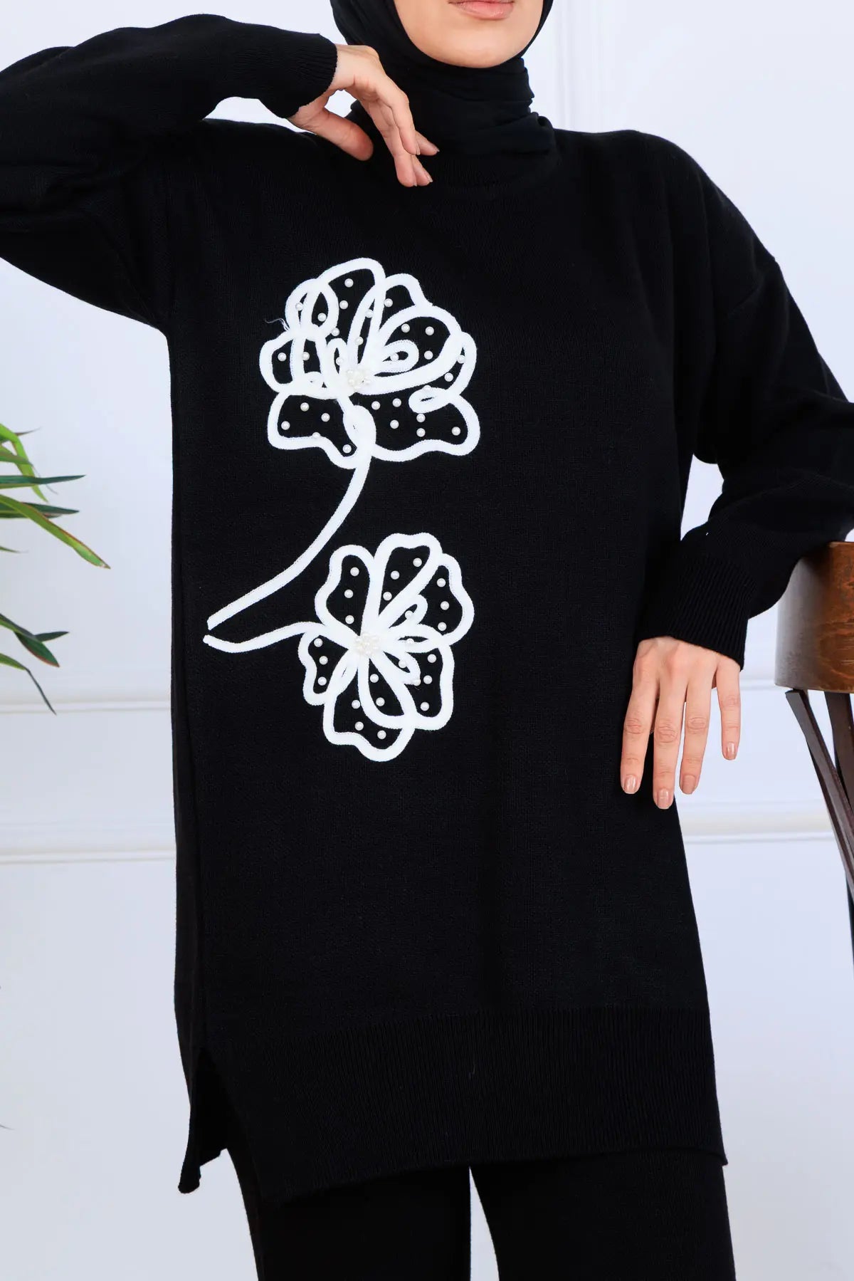 Knitwear Set With Embroidery Details | Black – NEOMODEST, image 2