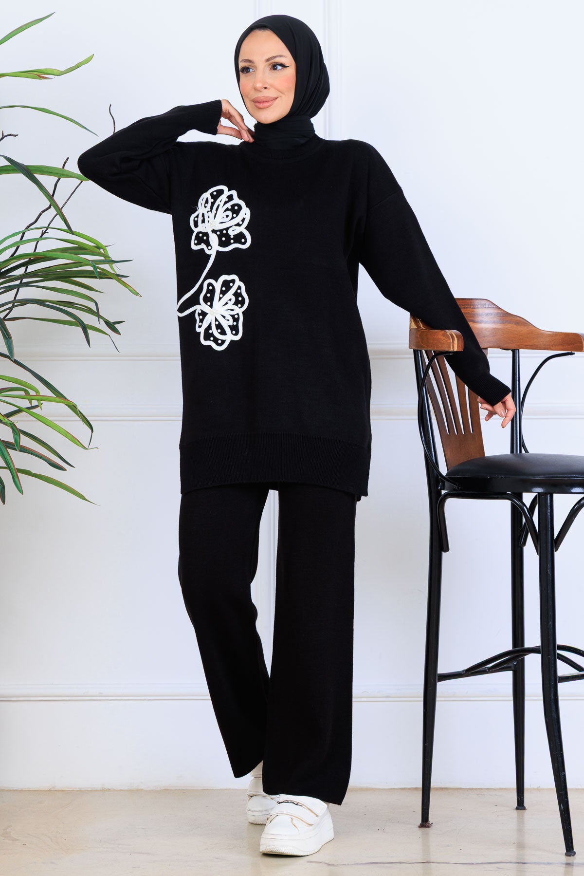 Knitwear Set With Embroidery Details | Black – NEOMODEST, image 1