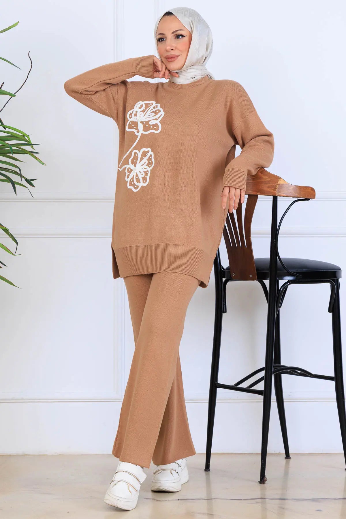 Knitwear Set With Embroidery Details | Camel – NEOMODEST, image 2