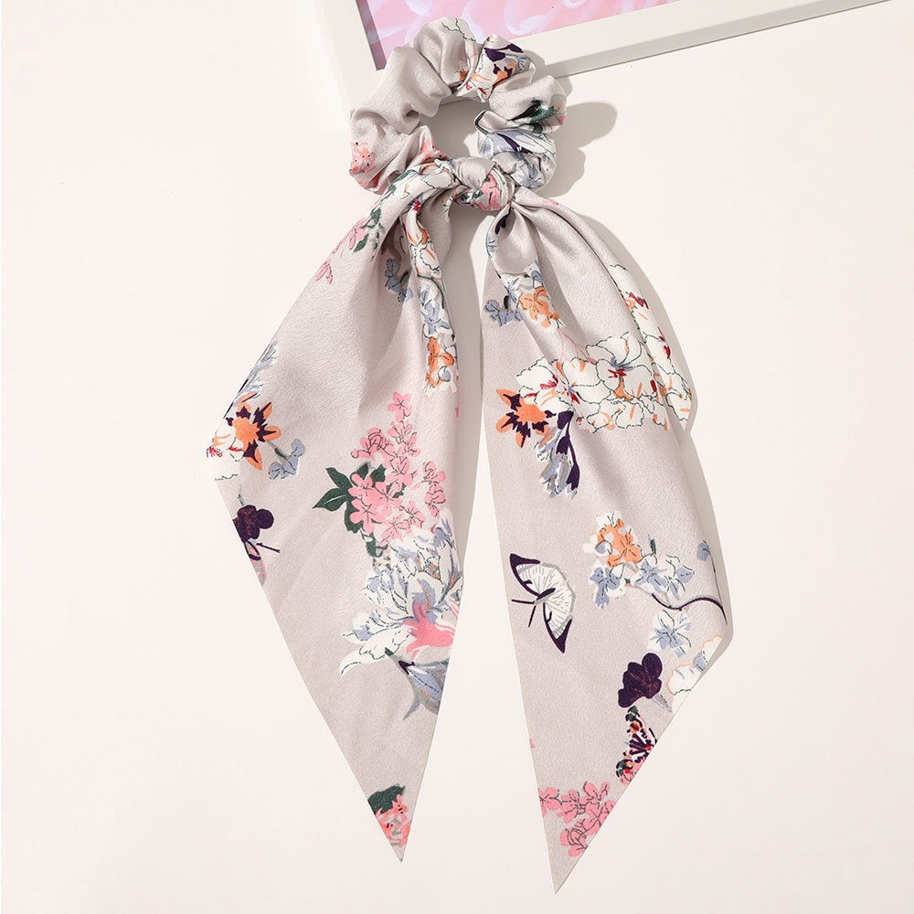 Knotted Ribbon Satin Hair Scarf Monochrome Silky Square Scarf Hair Tie Ladies’ Ponytail Hair Scrunchie - Ribbon gray