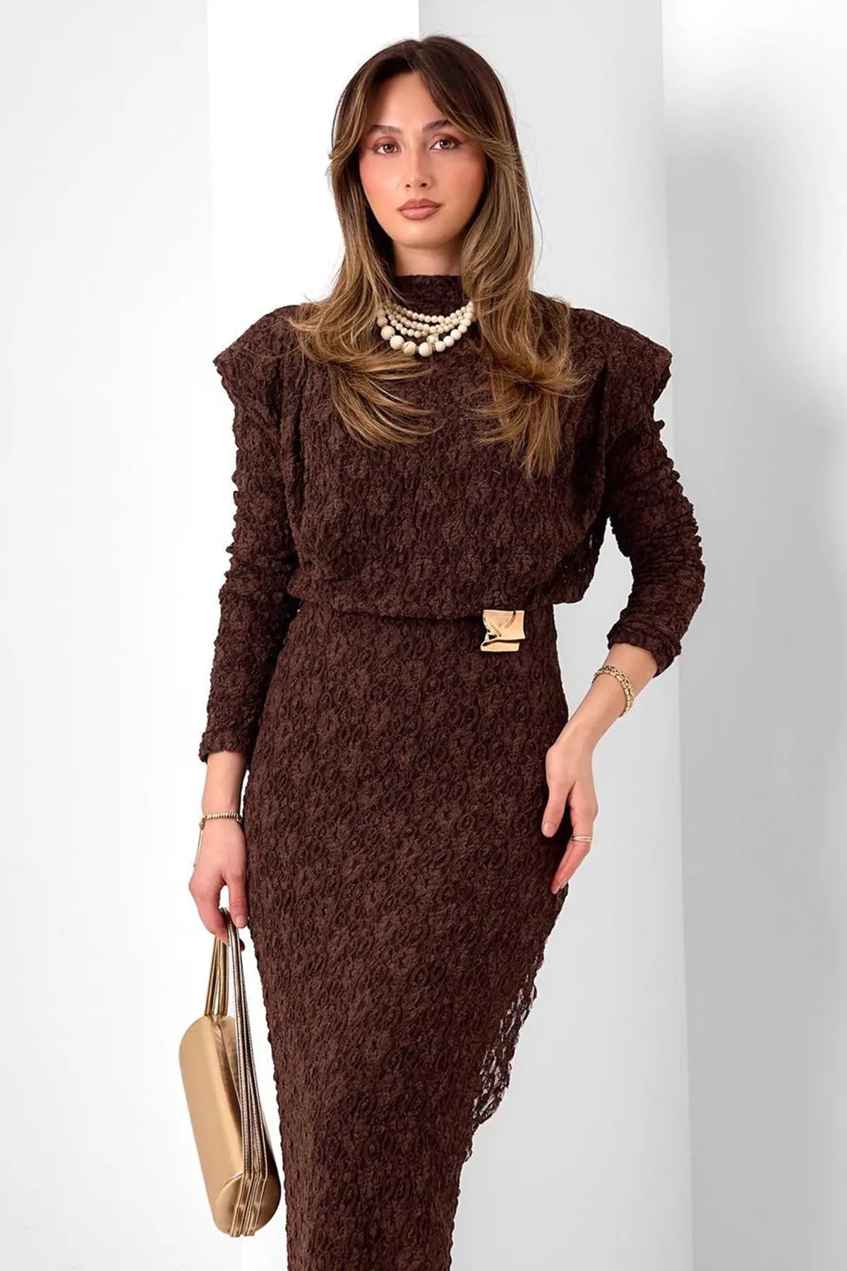 Lace Dress With Buckle Detail | Brown – NEOMODEST product image 3