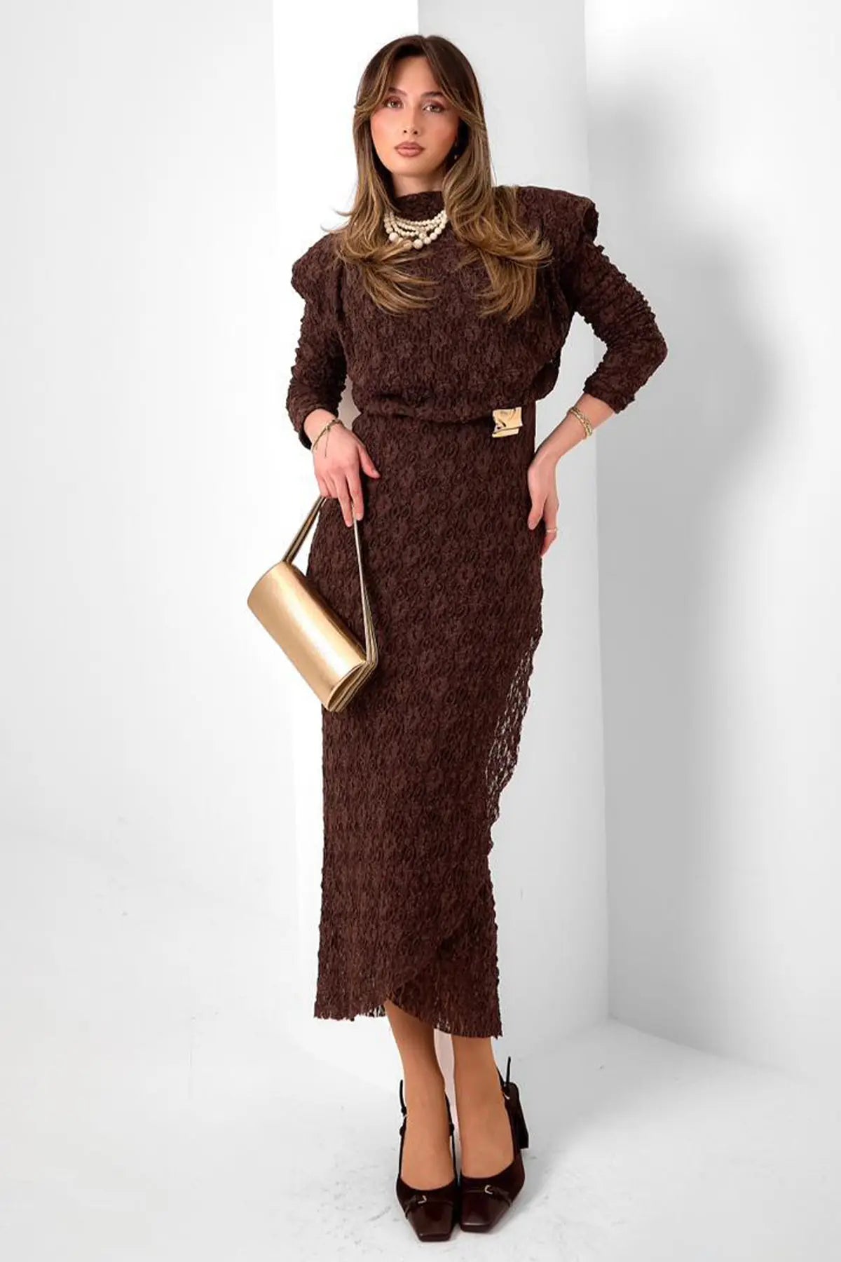 Lace Dress With Buckle Detail | Brown – NEOMODEST product image 4