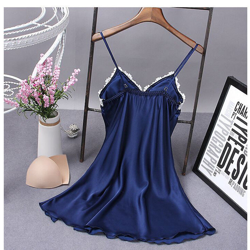 Lace Silk Suspender Nightdress With Chest Pad - Blue / L - Nightdress