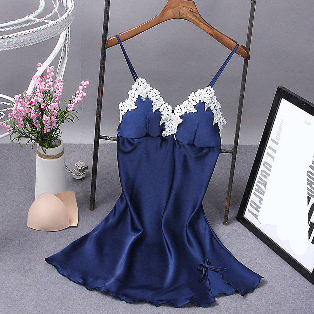 Lace Silk Suspender Nightdress With Chest Pad - Navy Blue / 2XL - Nightdress