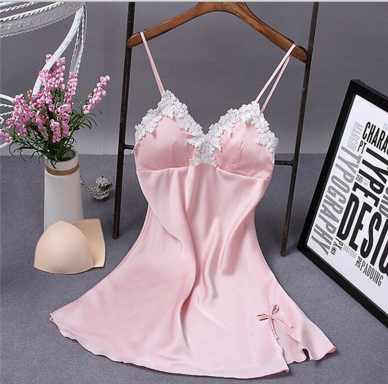 Lace Silk Suspender Nightdress With Chest Pad - Pink / L - Nightdress