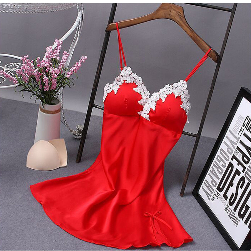 Lace Silk Suspender Nightdress With Chest Pad - Red / L - Nightdress