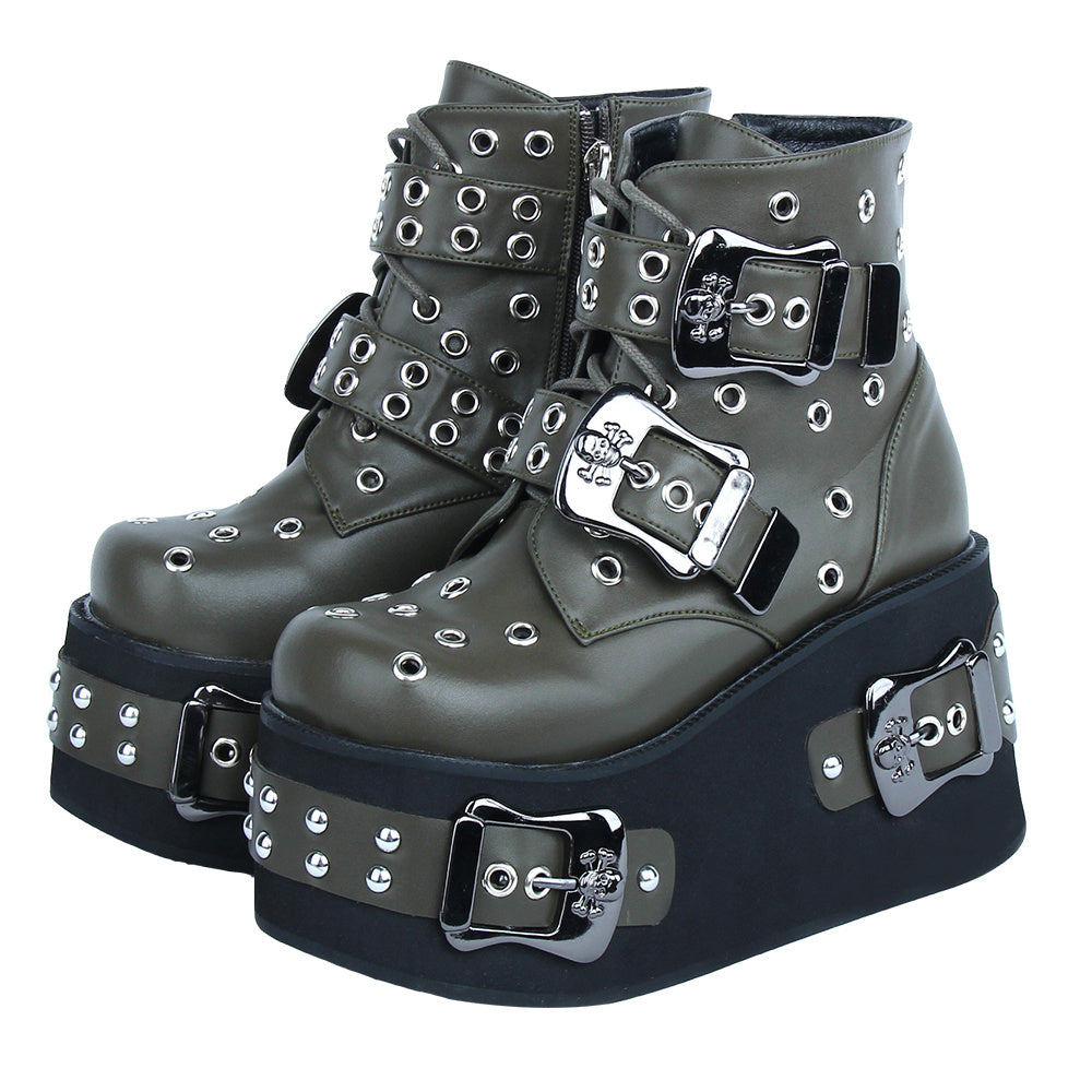 Ladies’ Hollow Punched Thick Sole Punk Style Short Boots - Army Green / 34 - Punk Boots