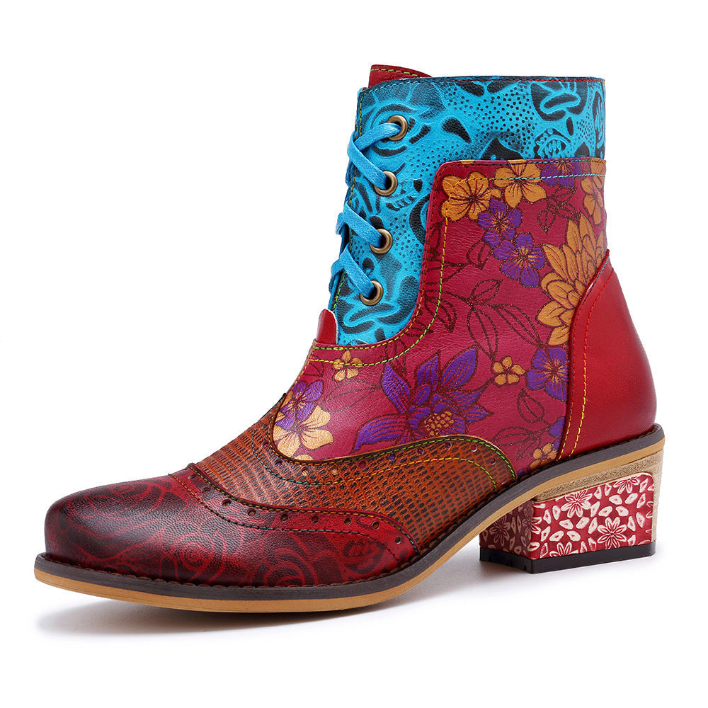 Ladies’ Retro Ethnic Boots Lace Pattern Cowboy Boots - Red / 36 - Women’s Cowboy Boot
