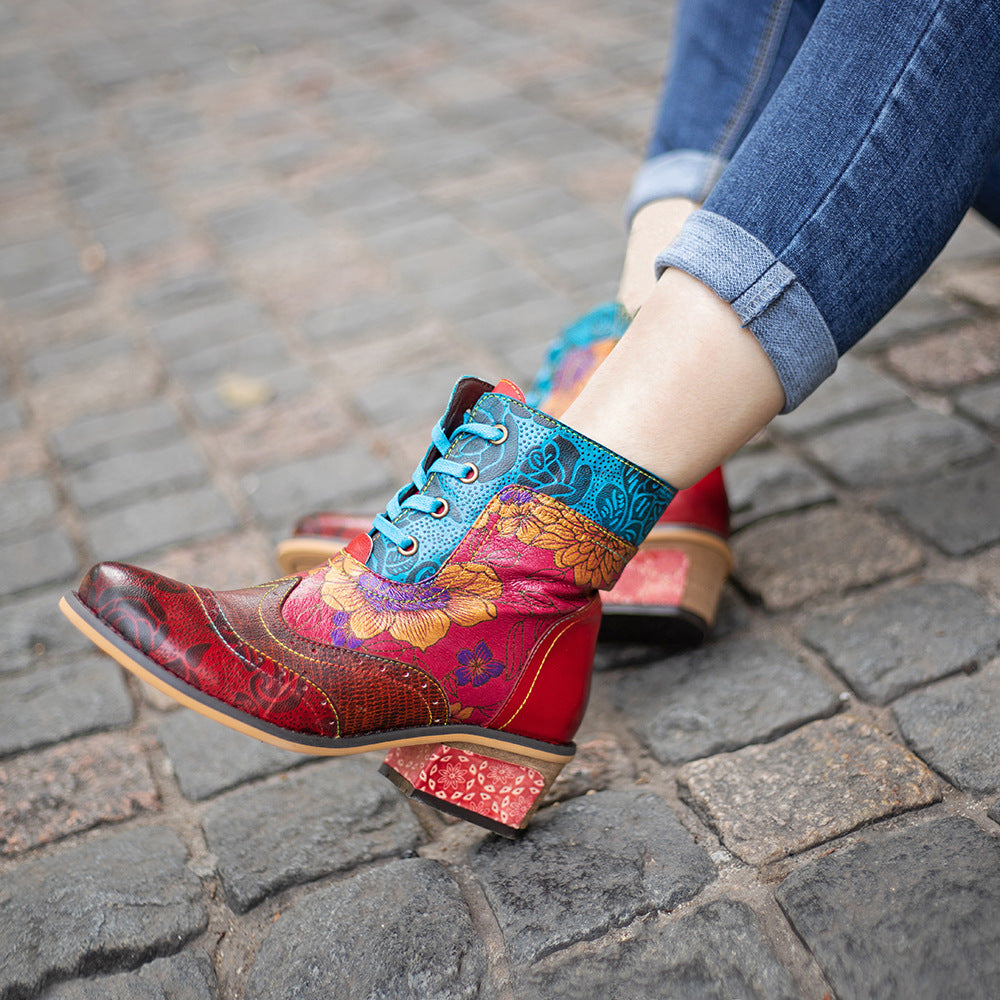 Ladies’ Retro Ethnic Boots Lace Pattern Cowboy Boots - Women’s Cowboy Boot