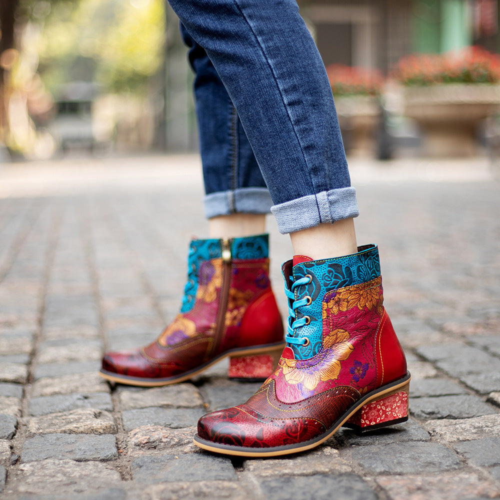 Ladies’ Retro Ethnic Boots Lace Pattern Cowboy Boots - Women’s Cowboy Boot