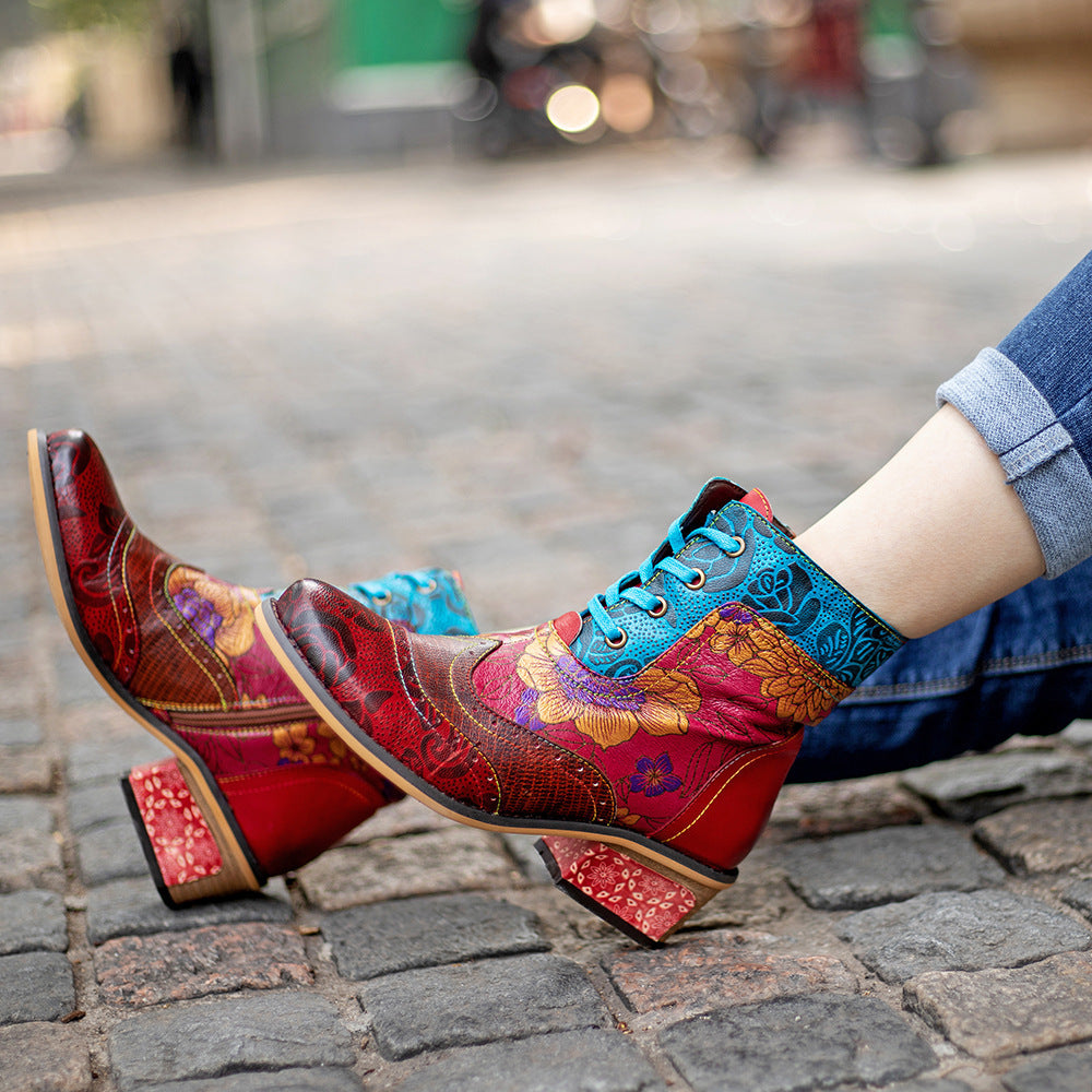 Ladies’ Retro Ethnic Boots Lace Pattern Cowboy Boots - Women’s Cowboy Boot