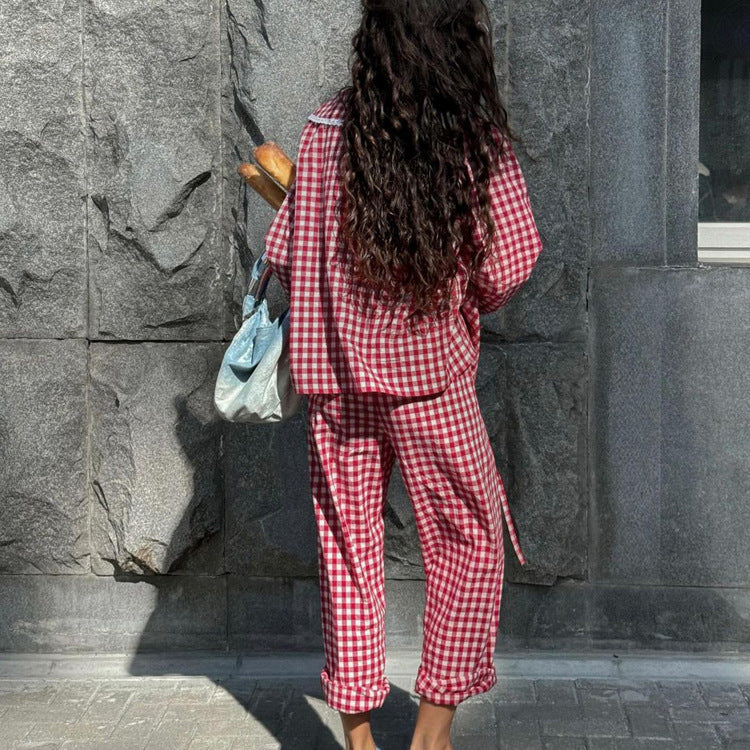 Ladies’ Two-Pieces Set-Plaid Shirt with Wide Leg Pants - 2-pieces set