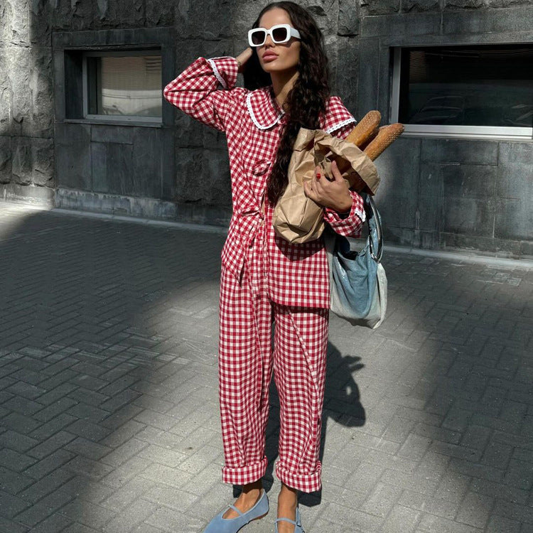 Ladies’ Two-Pieces Set-Plaid Shirt with Wide Leg Pants - 2-pieces set
