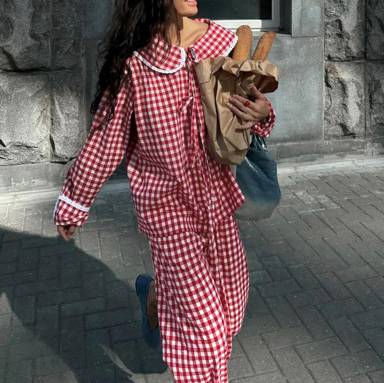 Ladies’ Two-Pieces Set-Plaid Shirt with Wide Leg Pants - 2-pieces set