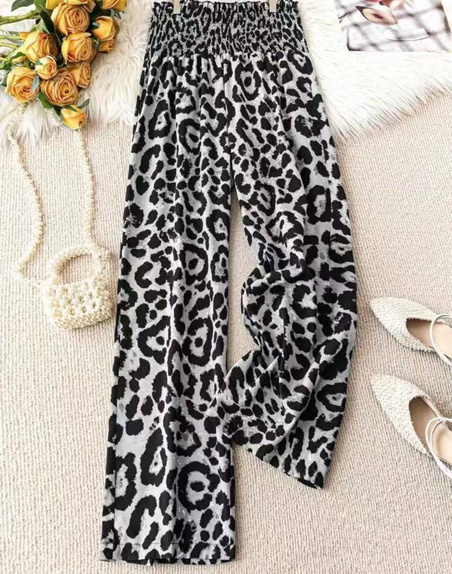 Leopard Print Elastic Waist Wide Leg Pants - Gray Leopard Print / L - Women’s Trousers