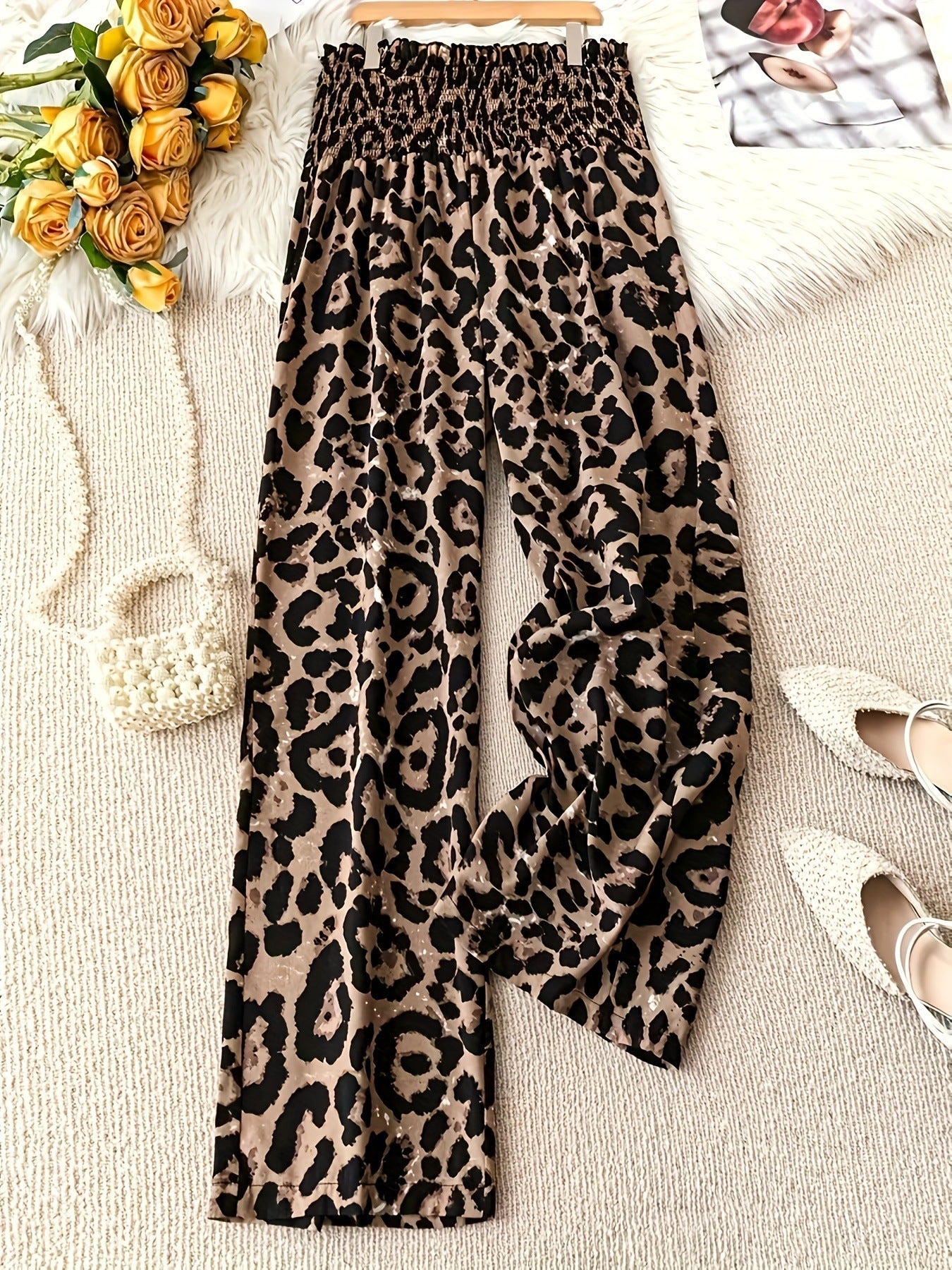 Leopard Print Elastic Waist Wide Leg Pants - Leopard Print / L - Women’s Trousers