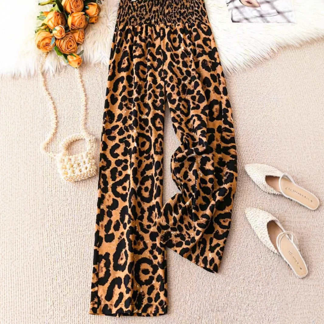 Leopard Print Elastic Waist Wide Leg Pants - Women’s Trousers