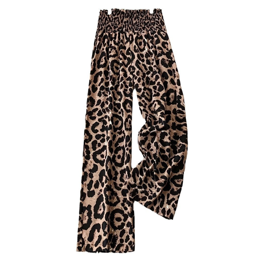 Leopard Print Elastic Waist Wide Leg Pants - Women’s Trousers