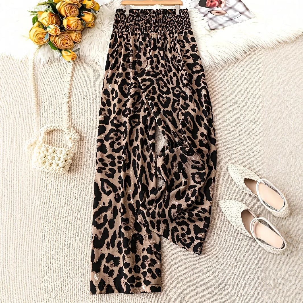 Leopard Print Elastic Waist Wide Leg Pants - Women’s Trousers