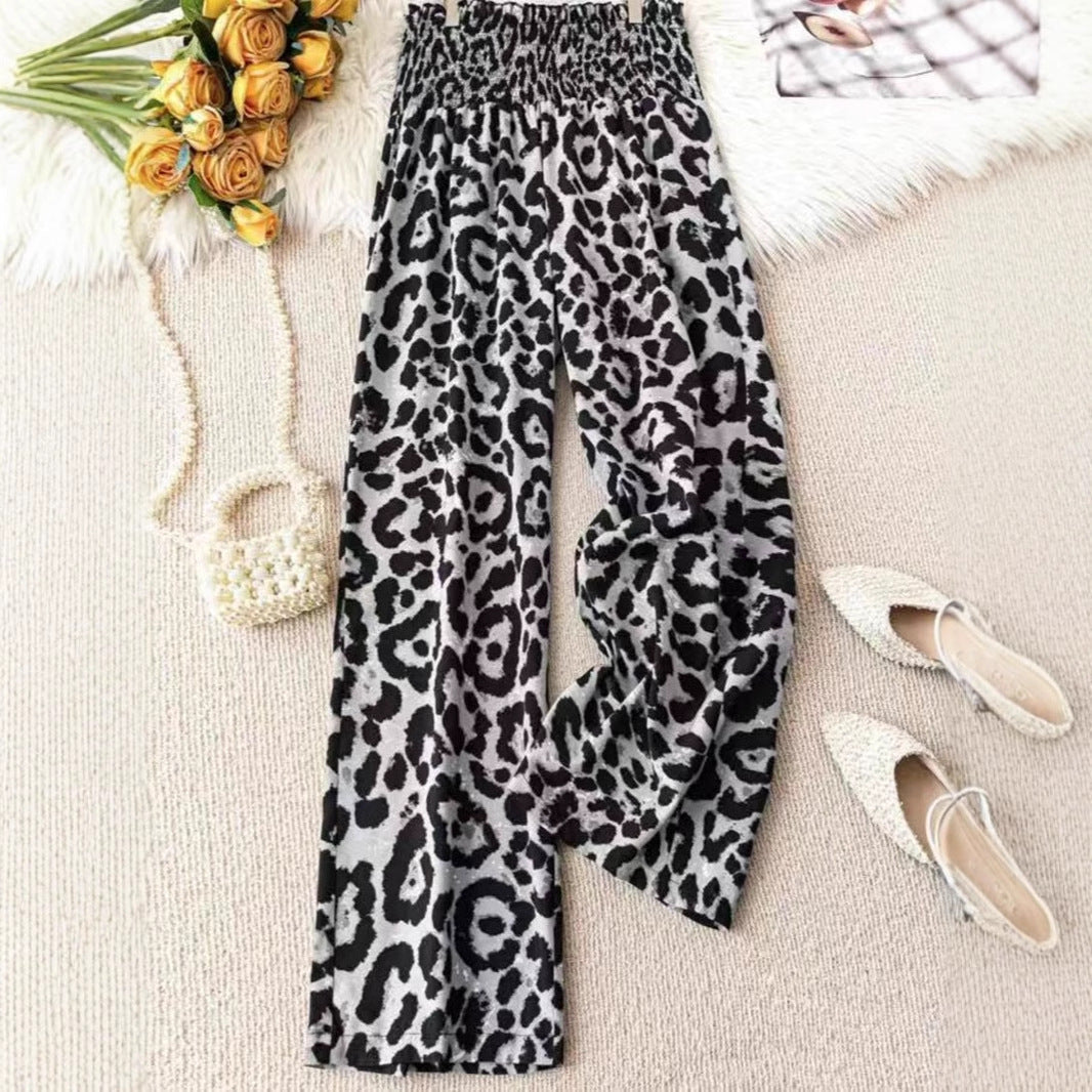 Leopard Print Elastic Waist Wide Leg Pants - Women’s Trousers