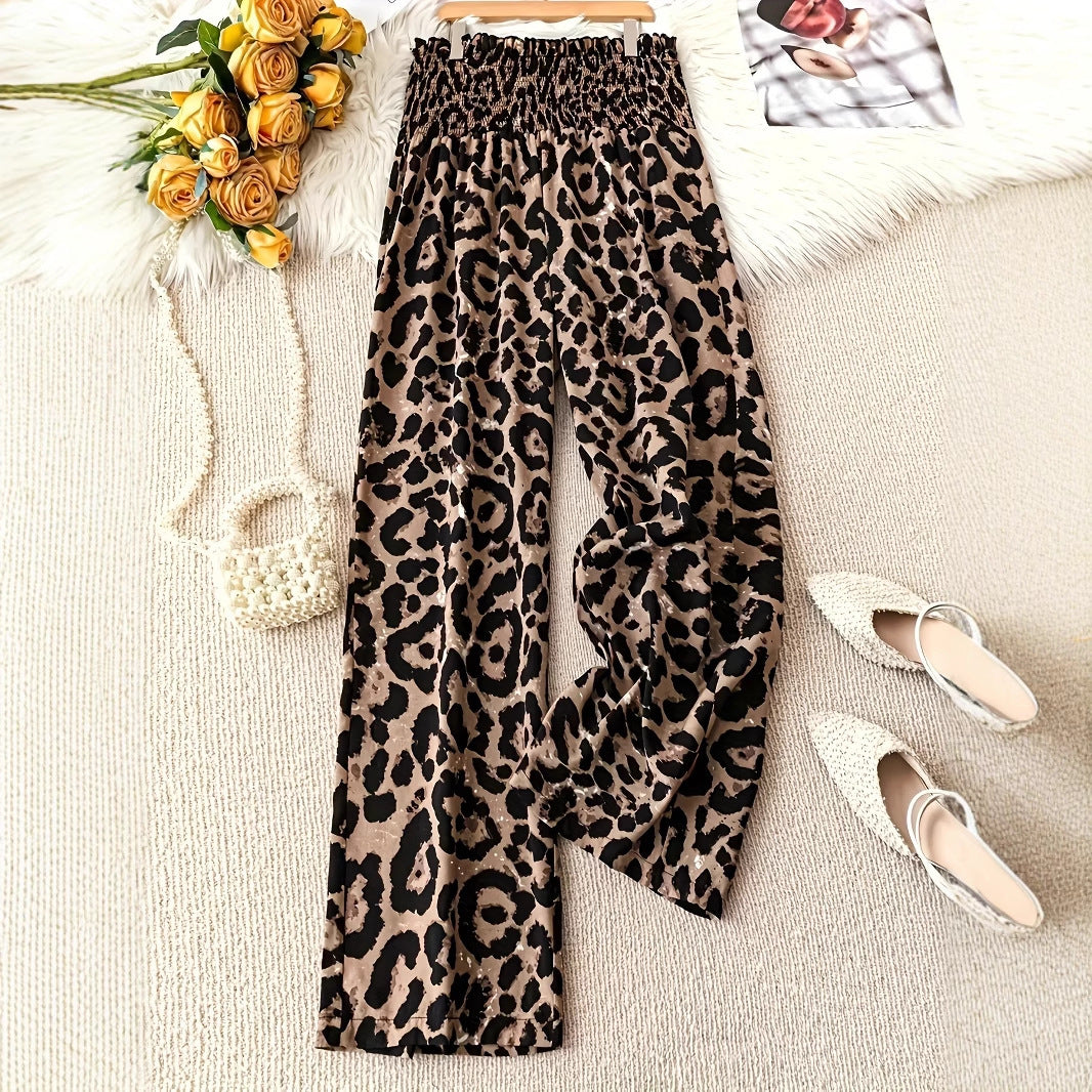 Leopard Print Elastic Waist Wide Leg Pants - Women’s Trousers
