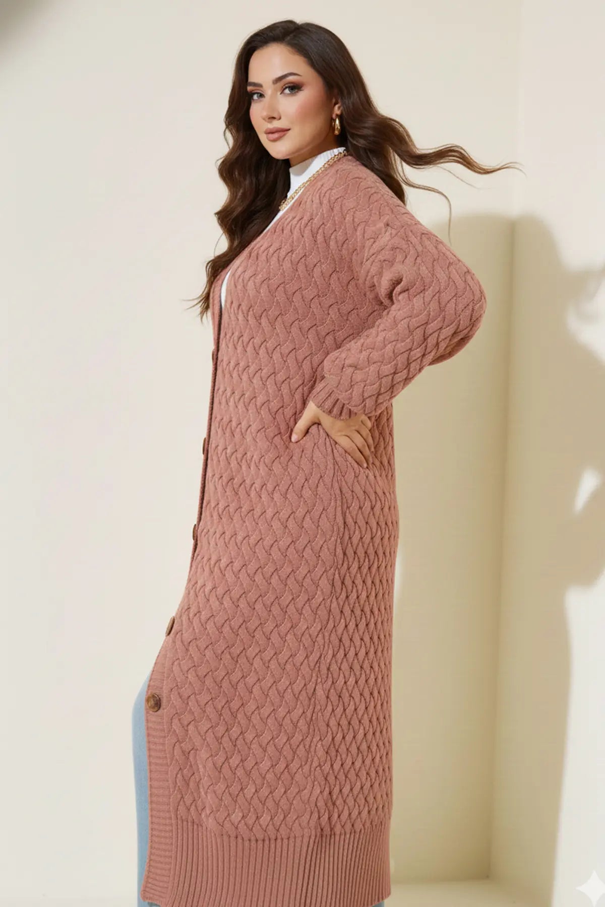Long Knitted Cardigan With Knitted Pattern – NEOMODEST product image 2