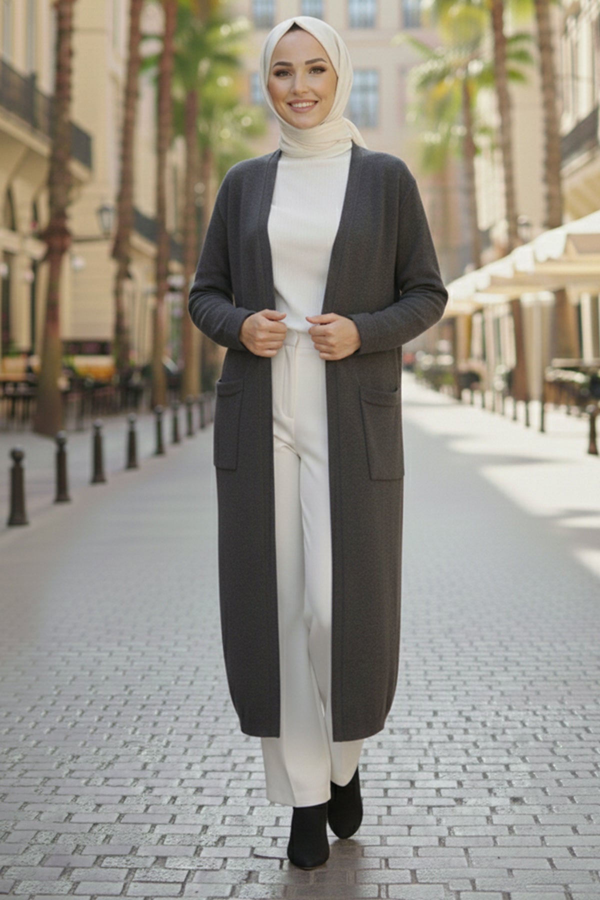 Long Knitted Cardigan With Pockets | Anthracite – NEOMODEST product image 1