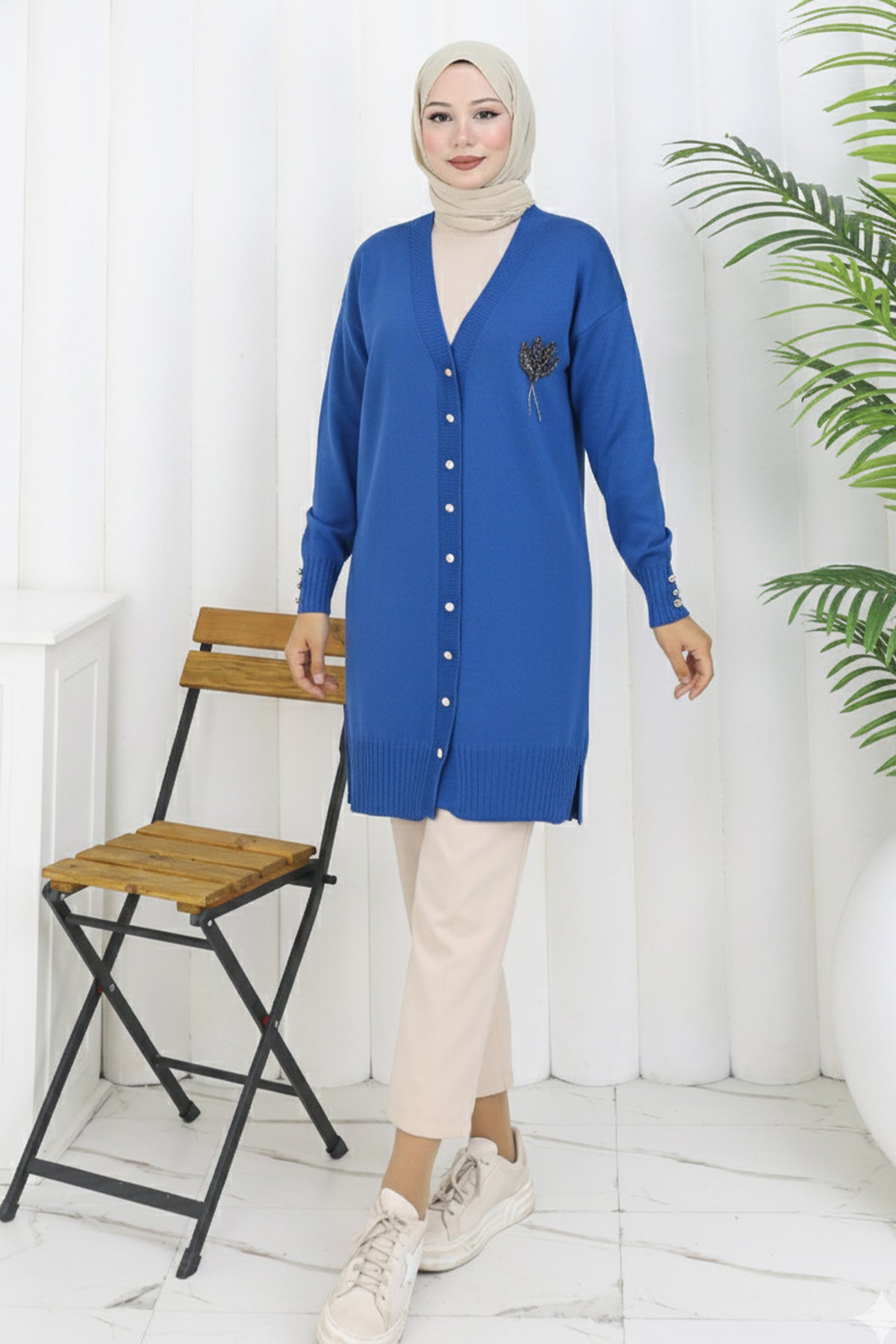 Long Mercerized Cardigan With Collar Detail | Indigo – NEOMODEST product image 1