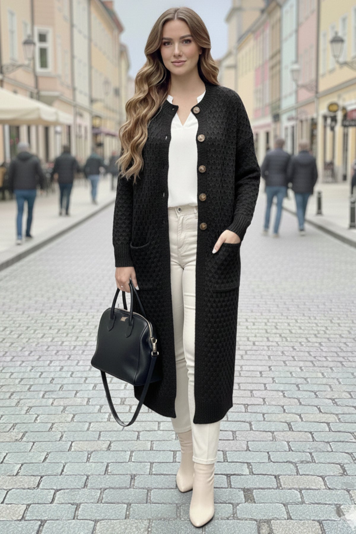 Long Patterned Knitted Cardigan With Pockets | Black – NEOMODEST product image 1