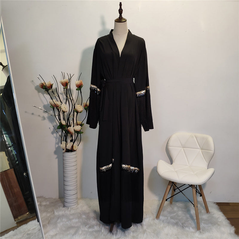 Luxury Fringed Abaya Islamic Clothing Modest Fashion - Black / L - Abaya