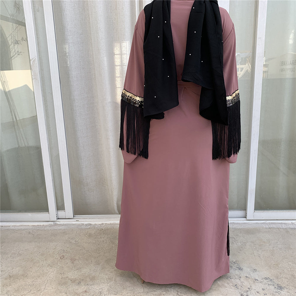 Luxury Fringed Abaya Islamic Clothing Modest Fashion - Pink / L - Abaya