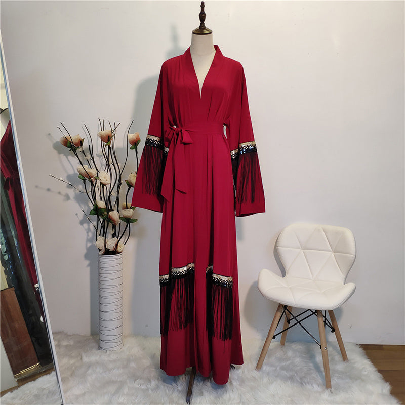 Luxury Fringed Abaya Islamic Clothing Modest Fashion - Red / L - Abaya