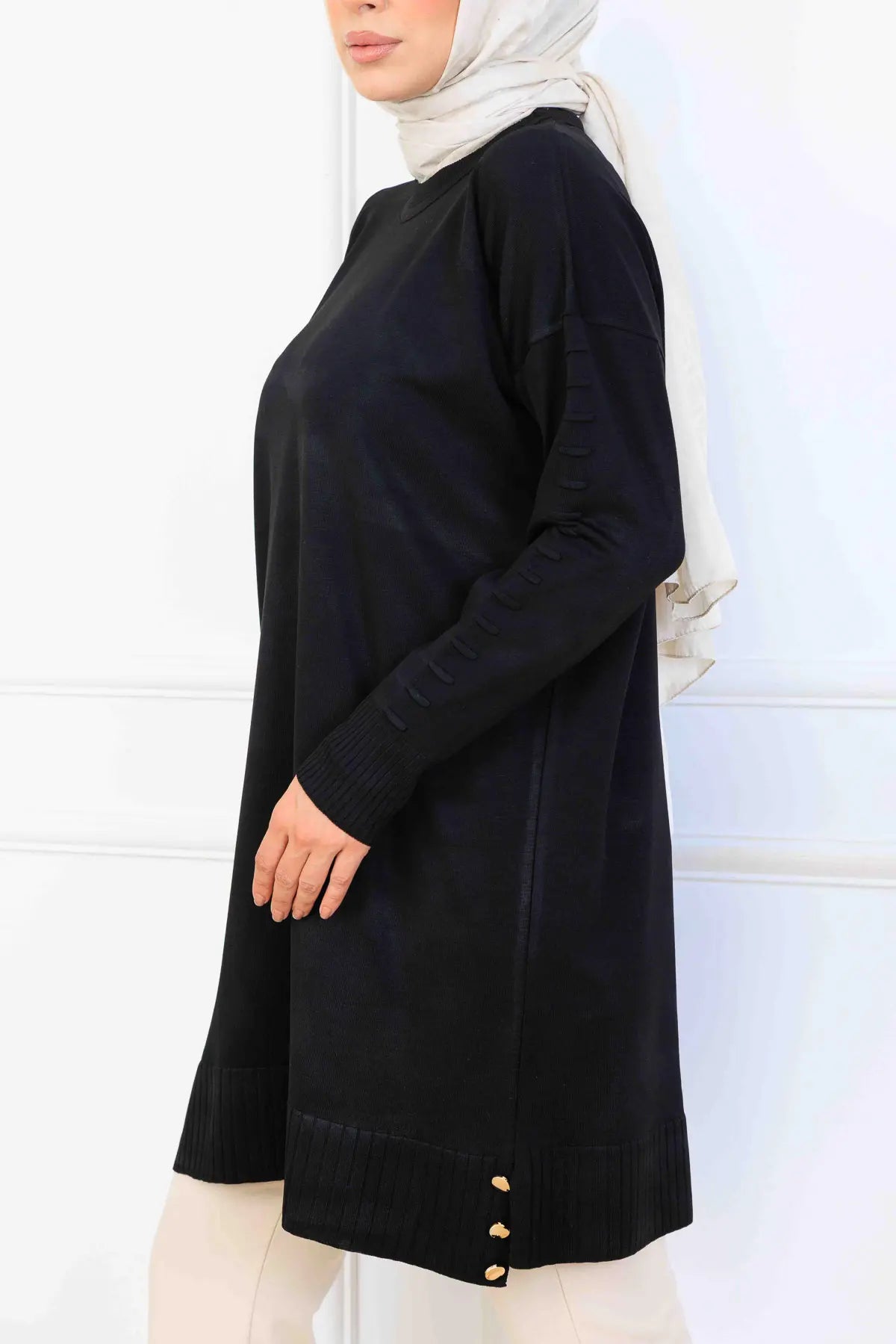 Mercerized Tunic With Patterned Sleeves | Black – NEOMODEST, image 2