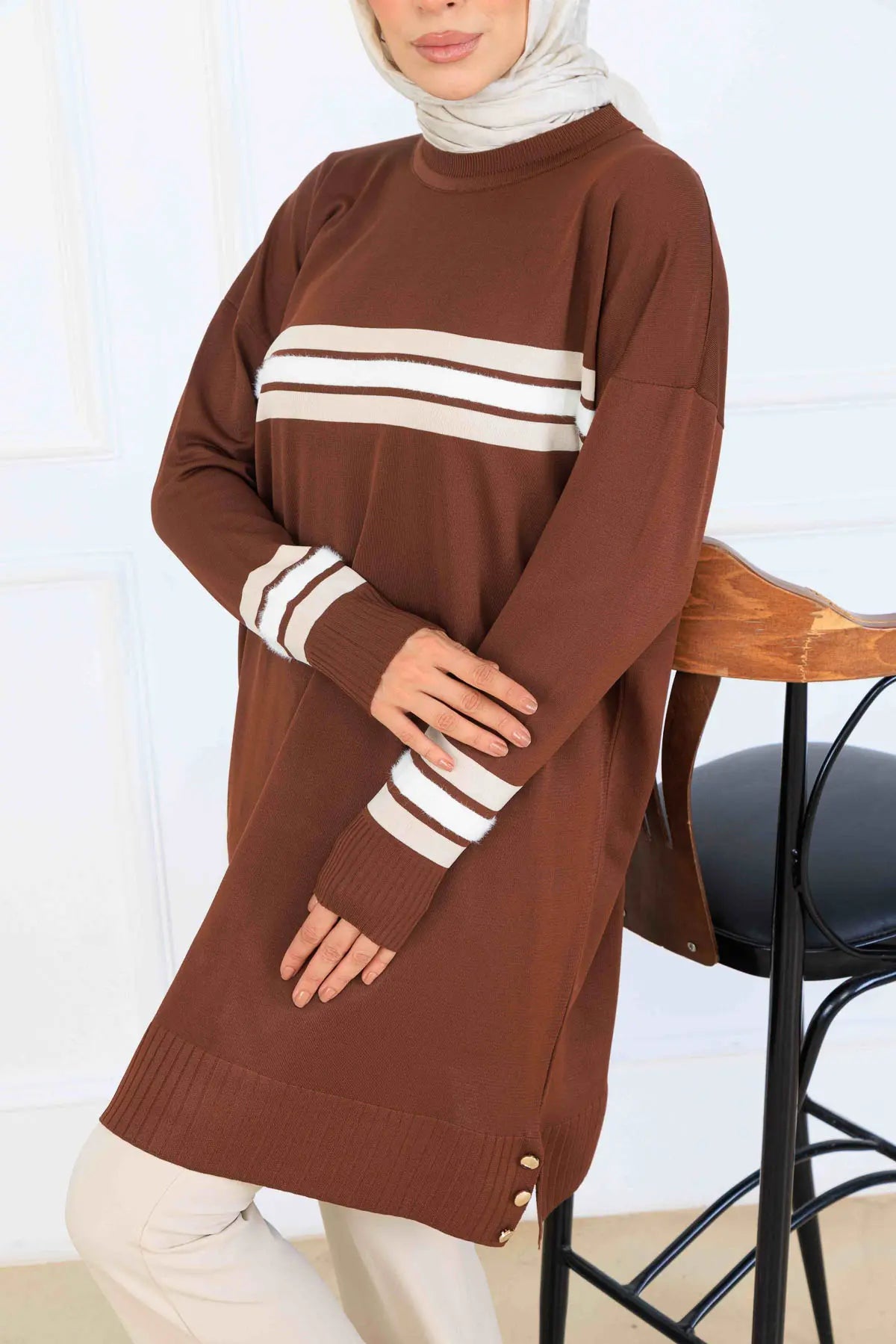 Mercerized Tunic With Stripe Detail | Brown – NEOMODEST, image 3