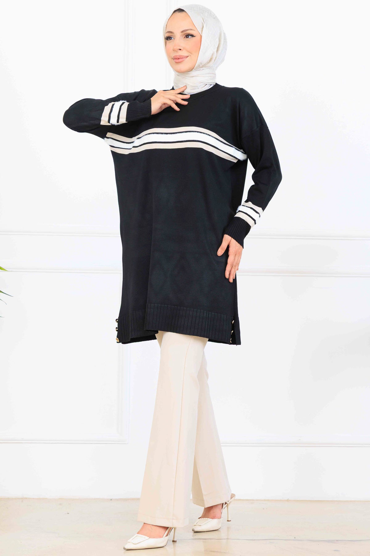 Mercerized Tunic With Stripe Detail | Black – NEOMODEST, image 1