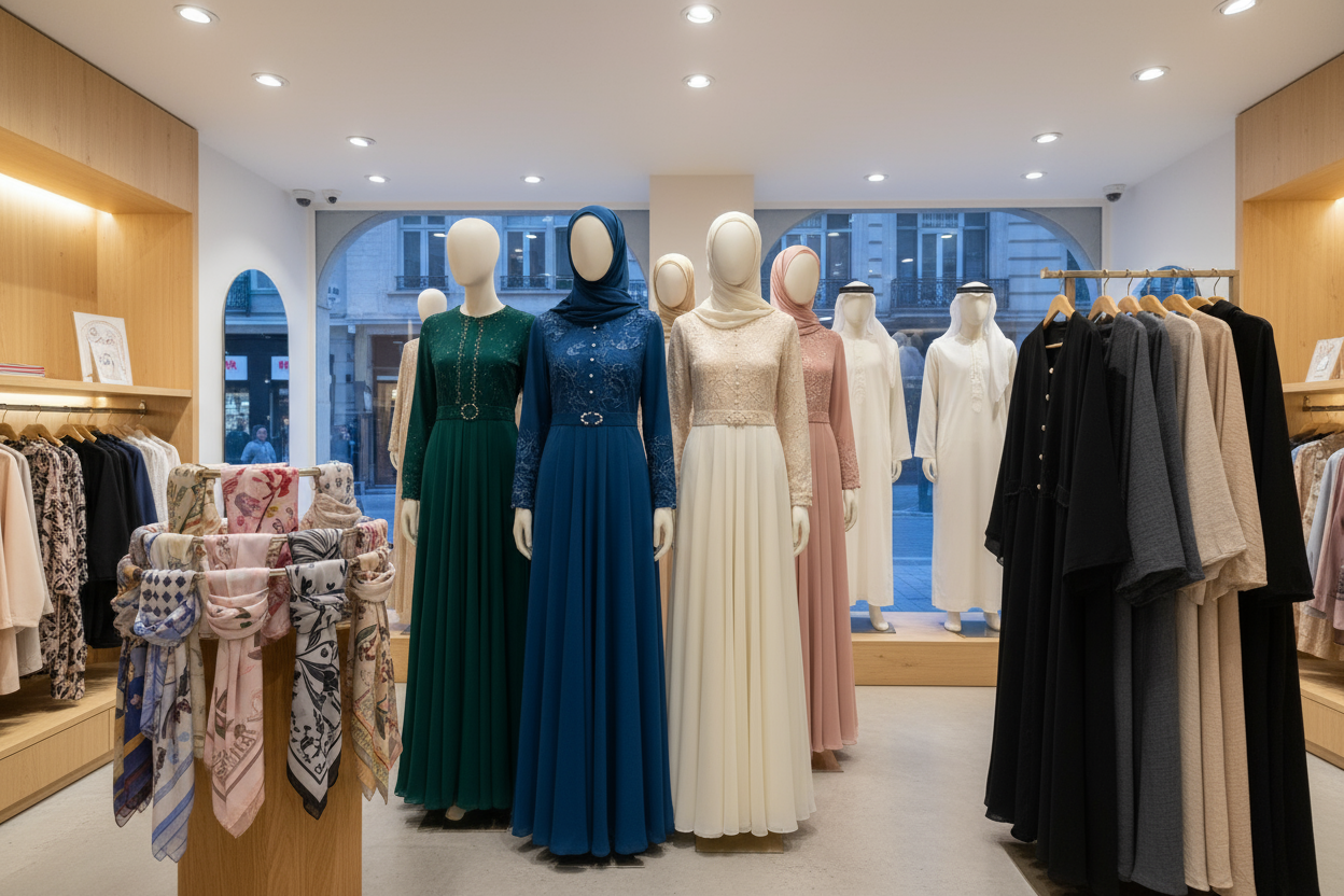 Modest dresses, scarfs, abayas and men's robes in the shop display