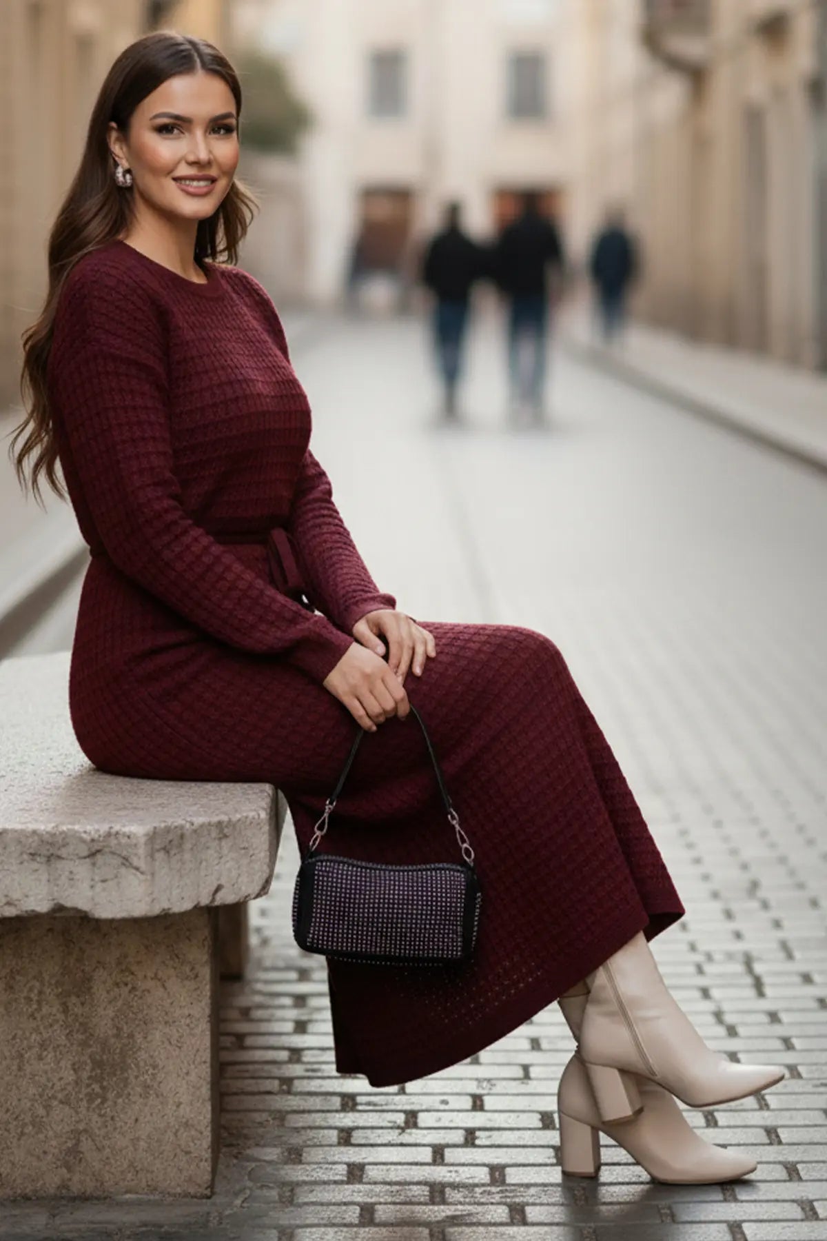 Palm Tree Mesh Knit Dress | Claret Red – NEOMODEST product image 2