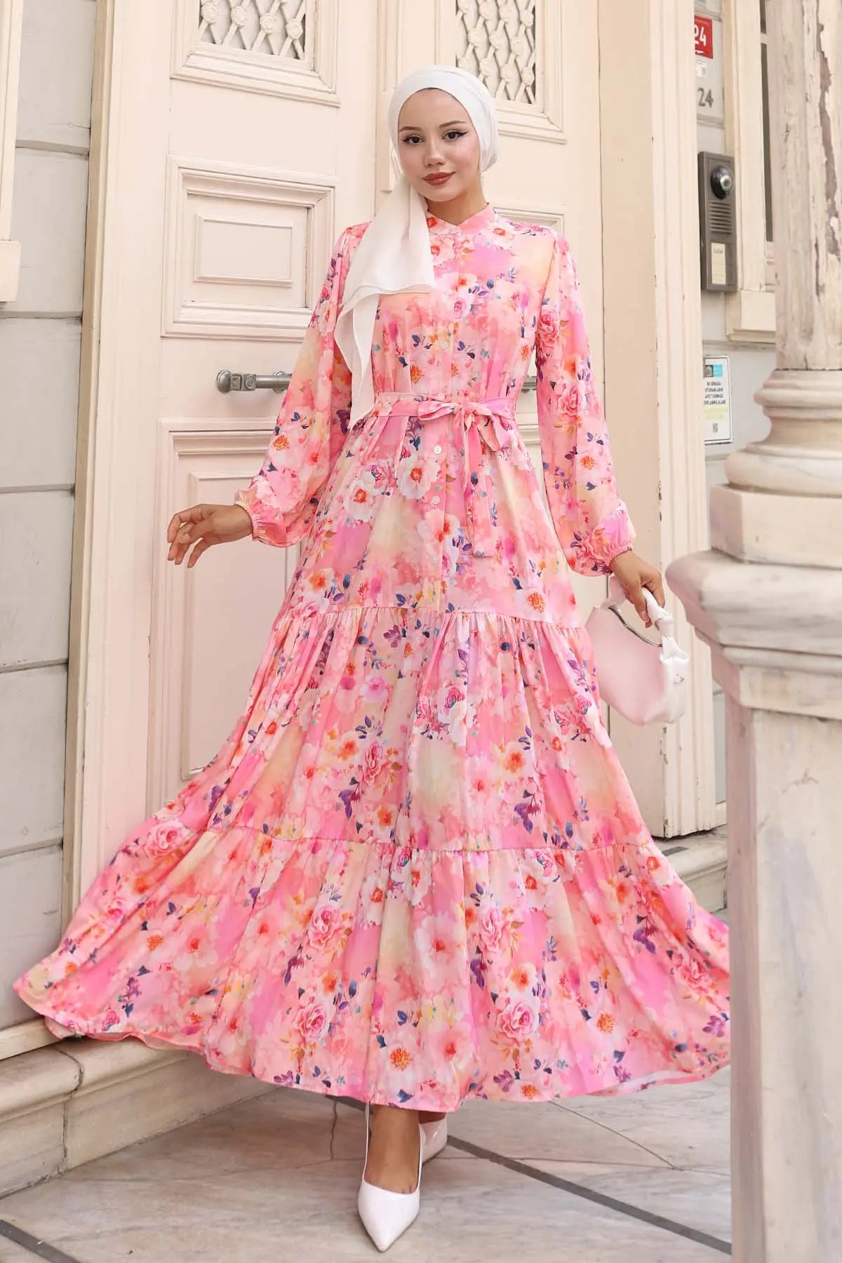 Patterned Hijab Dress | Pink – NEOMODEST product image 4