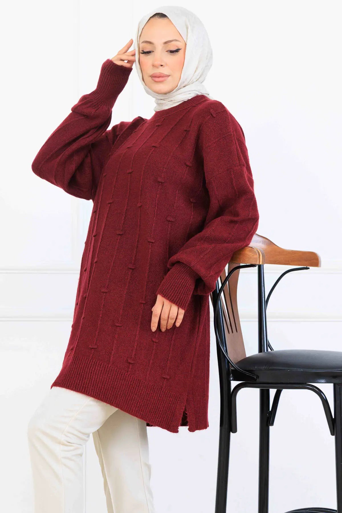 Patterned Knit Tunic | Claret Red – NEOMODEST product image 2