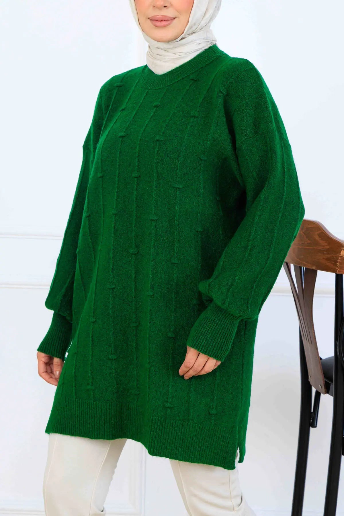 Patterned Knit Tunic | Khaki – NEOMODEST, image 2